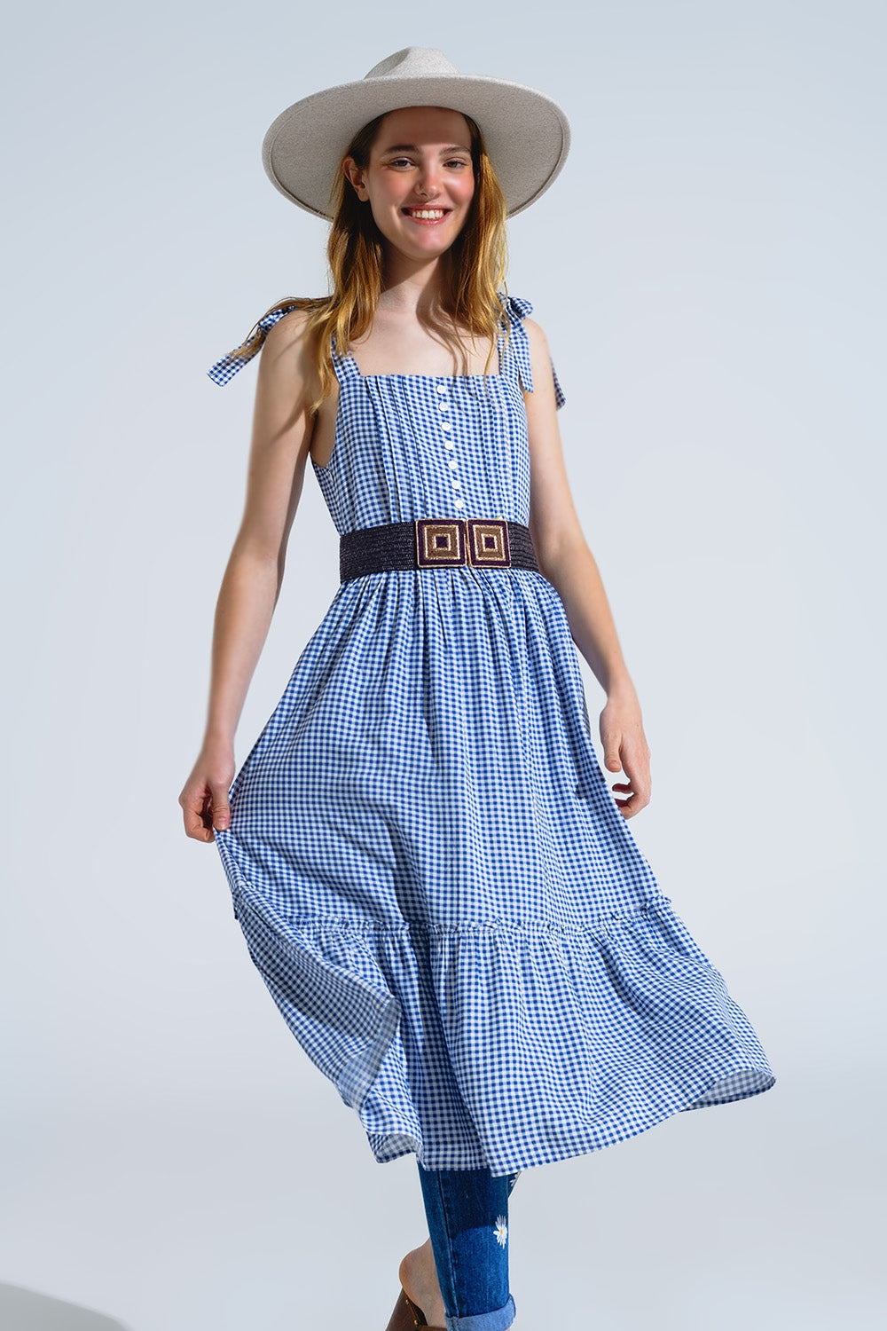 Robe à bretelles réglables en vichy bleu et blanc