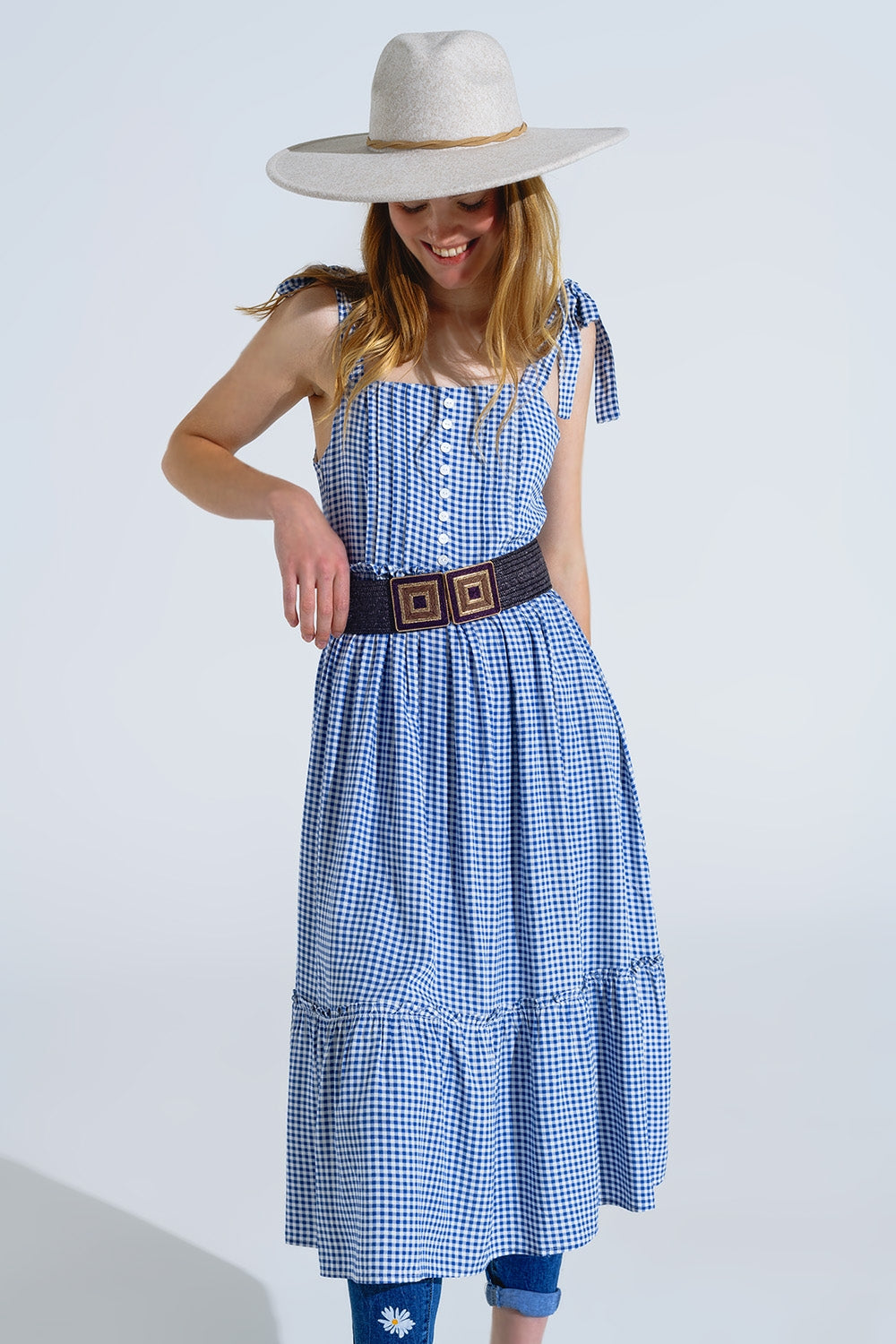 Robe à bretelles réglables en vichy bleu et blanc