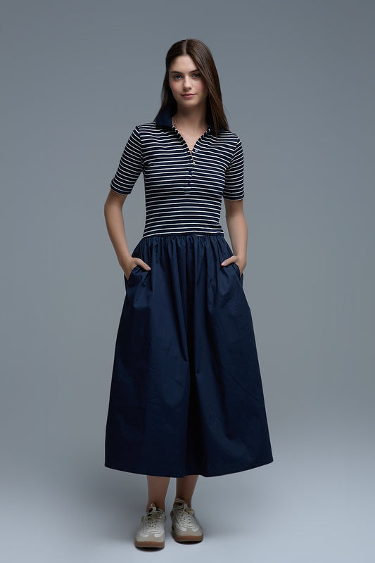 Q2 Robe avec top rayé Polo et jupe midi en popeline en bleu marine