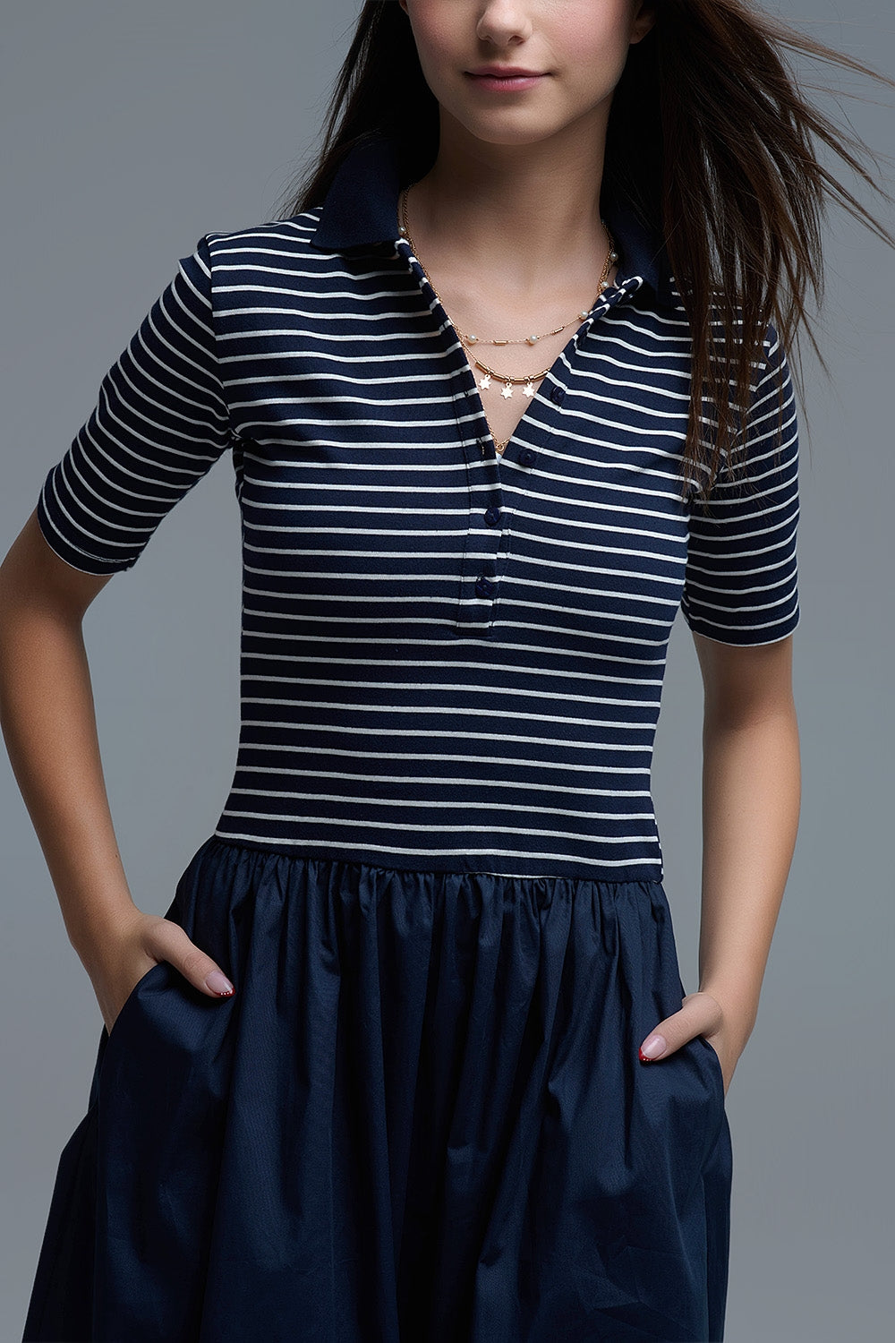 Robe avec top rayé Polo et jupe midi en popeline en bleu marine