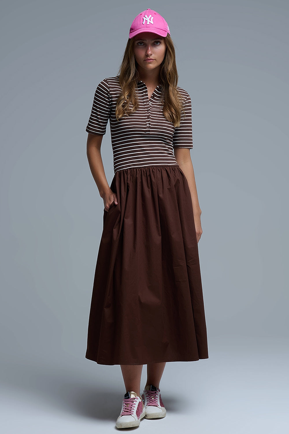Robe avec top rayé Polo et jupe midi en popeline en brun