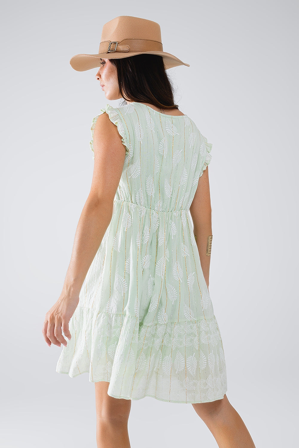 Robe babydoll courte à imprimé feuilles et fil de Lurex en menthe