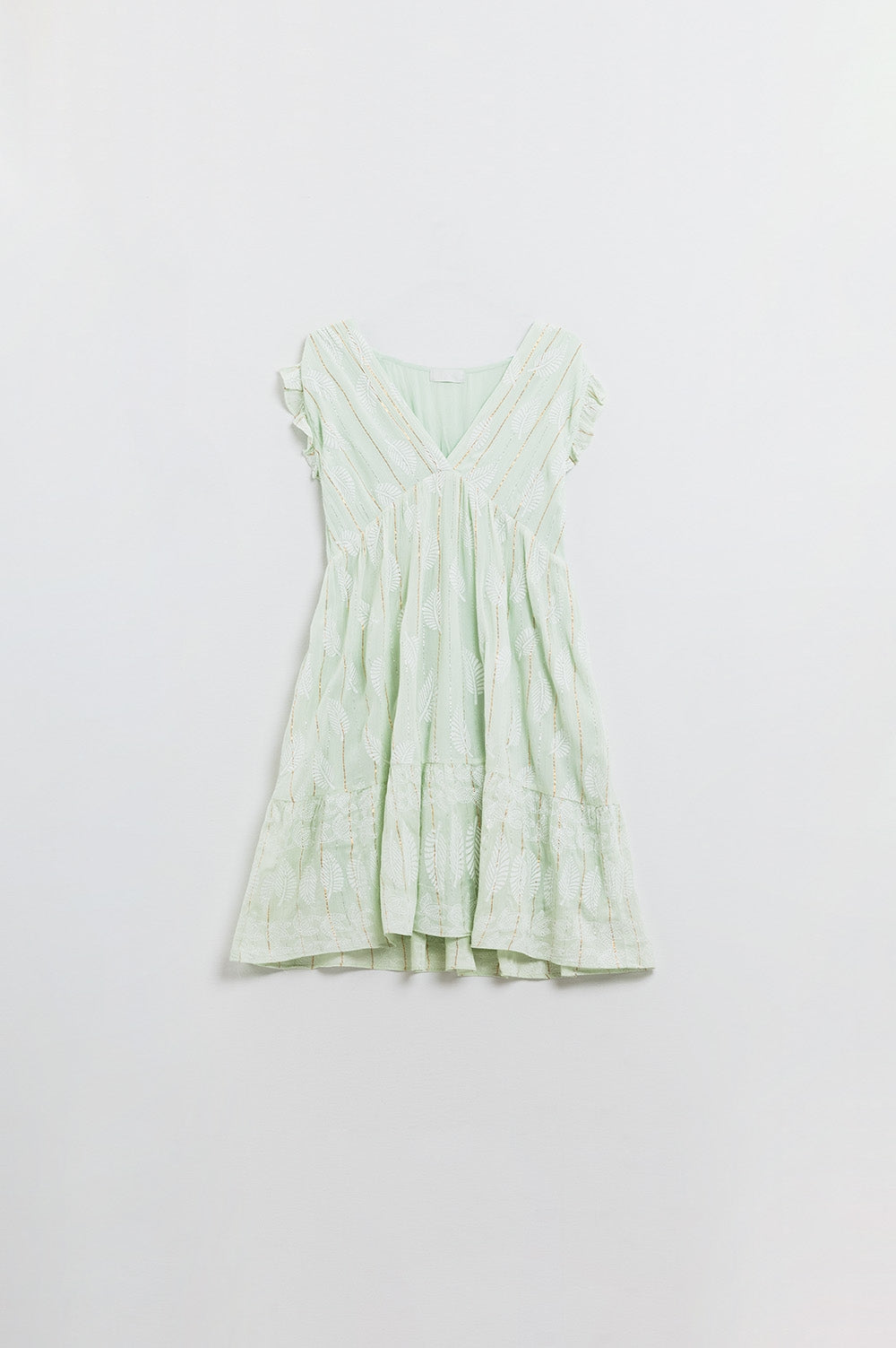 Robe babydoll courte à imprimé feuilles et fil de Lurex en menthe