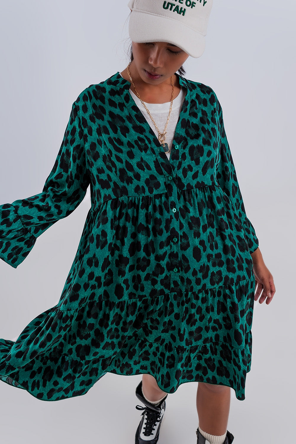 Robe babydoll courte à volants superposés Imprimé animal vert