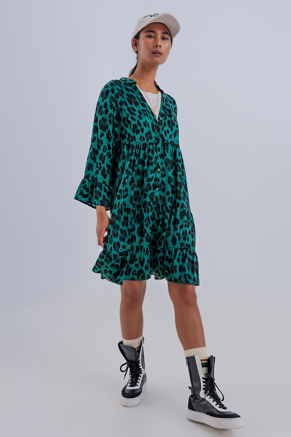 Robe babydoll courte à volants superposés Imprimé animal vert