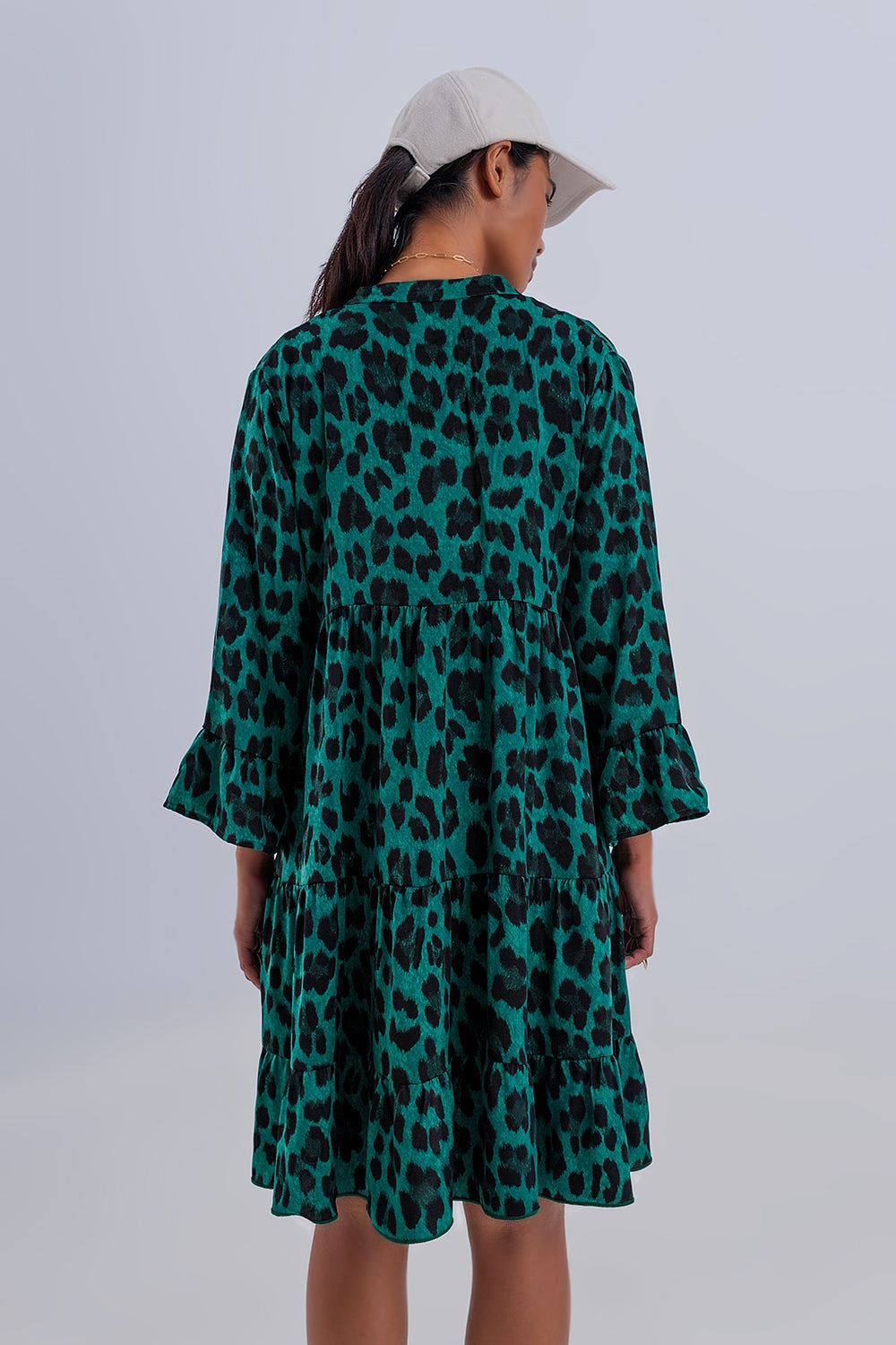 Robe babydoll courte à volants superposés Imprimé animal vert