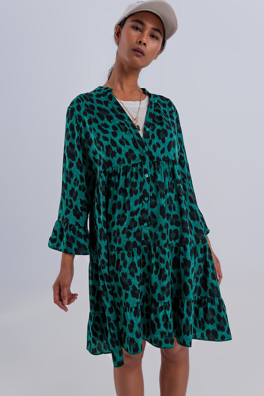Robe babydoll courte à volants superposés Imprimé animal vert