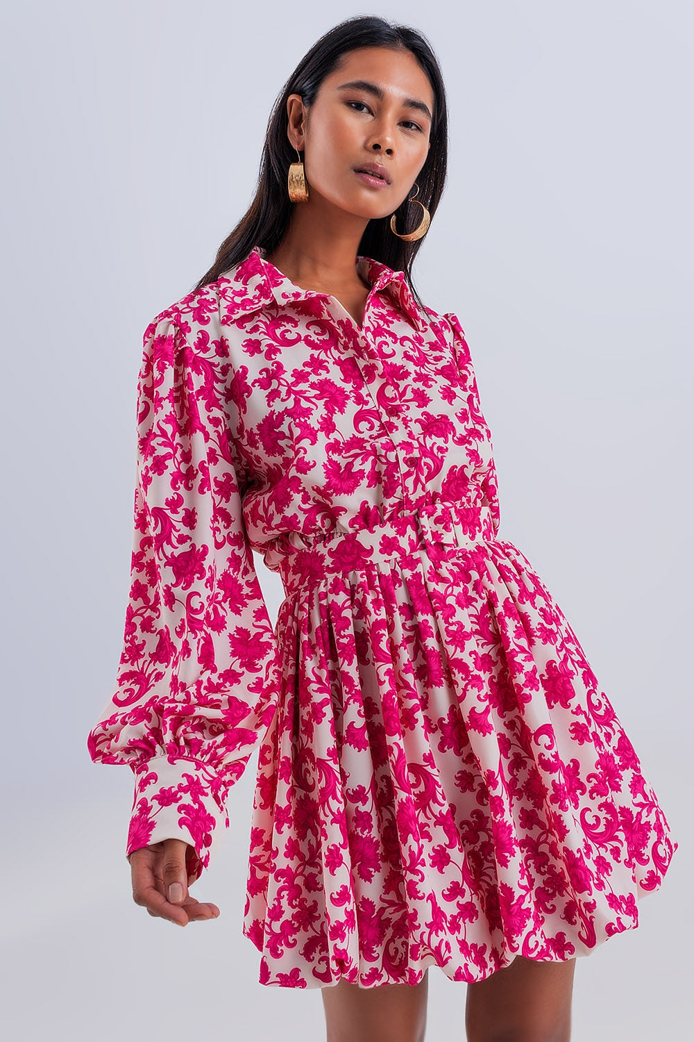 Robe babydoll courte vintage fleurie fuchsia