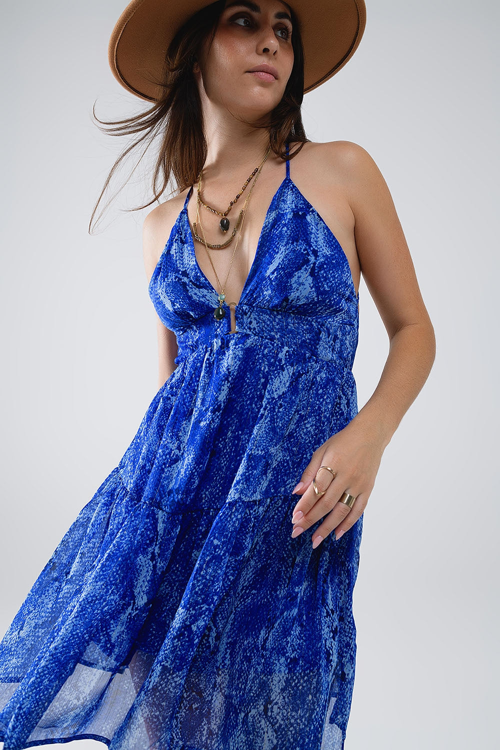 Robe BabyDoll dos nu à imprimé bleu serpent