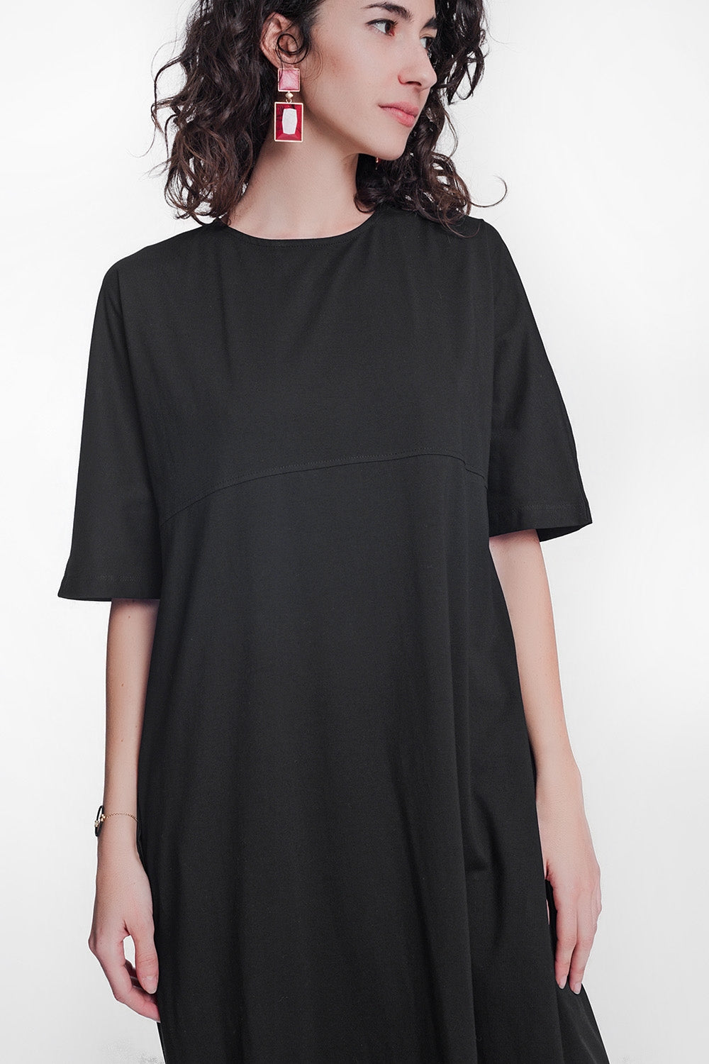 Robe babydoll mi-longue en popeline noir