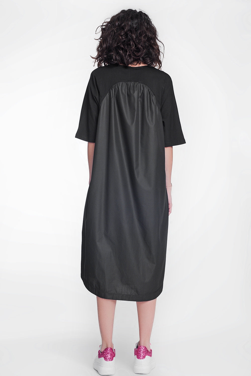 Robe babydoll mi-longue en popeline noir