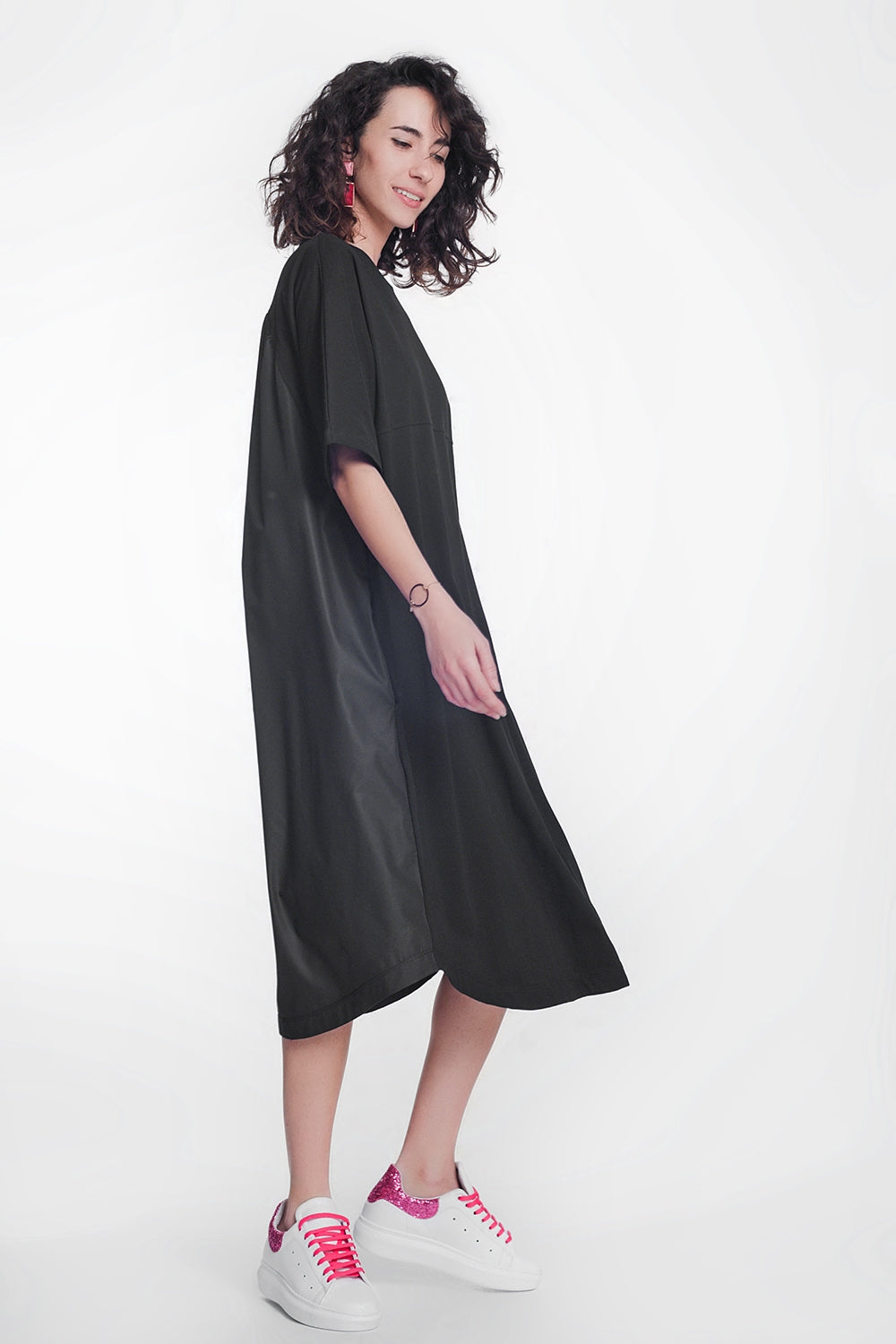 Robe babydoll mi-longue en popeline noir