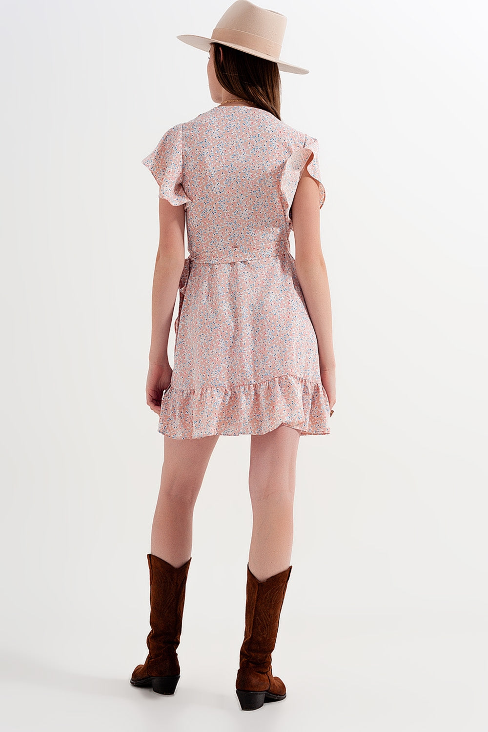 Robe cache-cœur courte à volants Rose fleuri