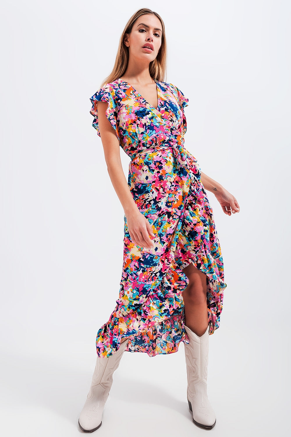 Robe caraco longue volantée à imprimé bleu