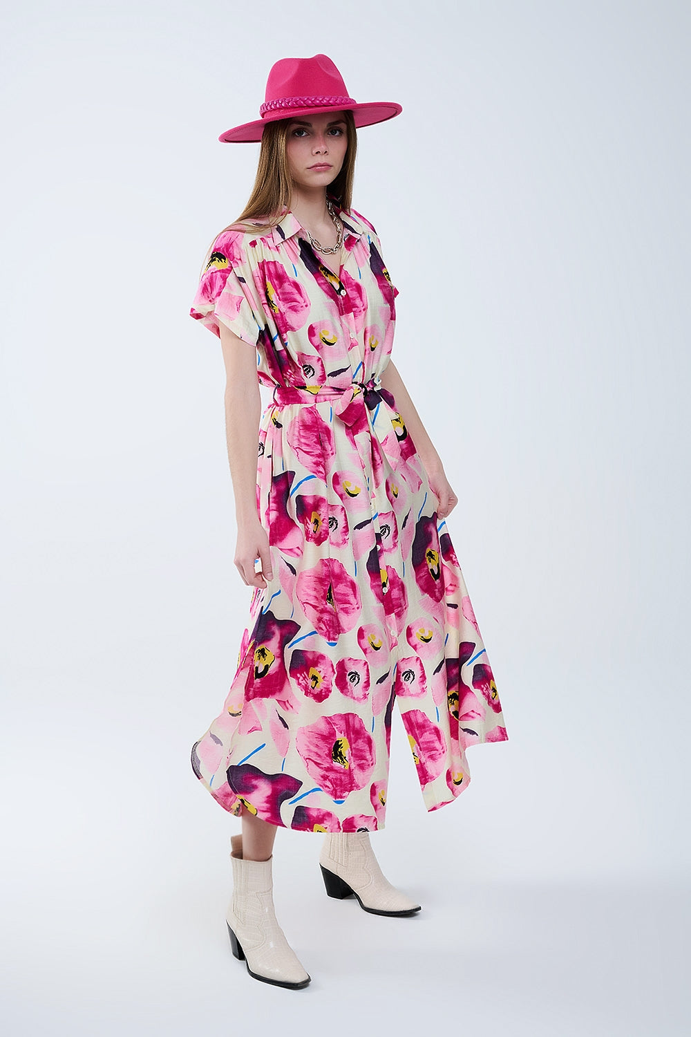 Q2 Robe chemise boutonnée à imprimé floral fuchsia