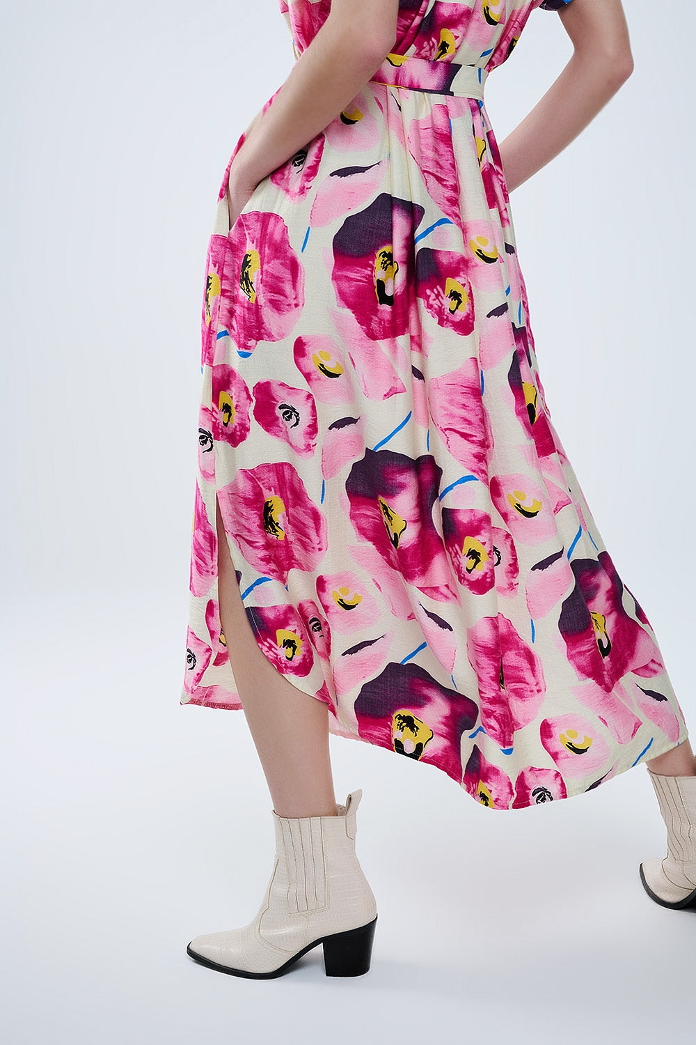 Robe chemise boutonnée à imprimé floral fuchsia