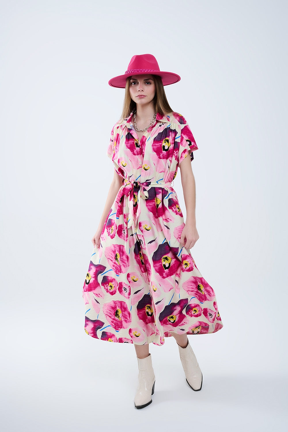 Robe chemise boutonnée à imprimé floral fuchsia