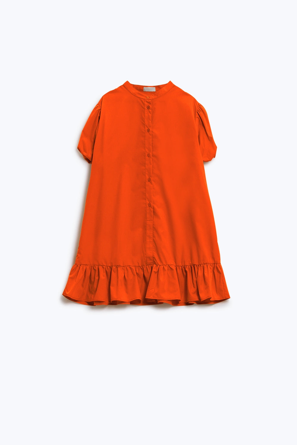 Robe chemise décontractée à manches courtes ballon et volants en orange