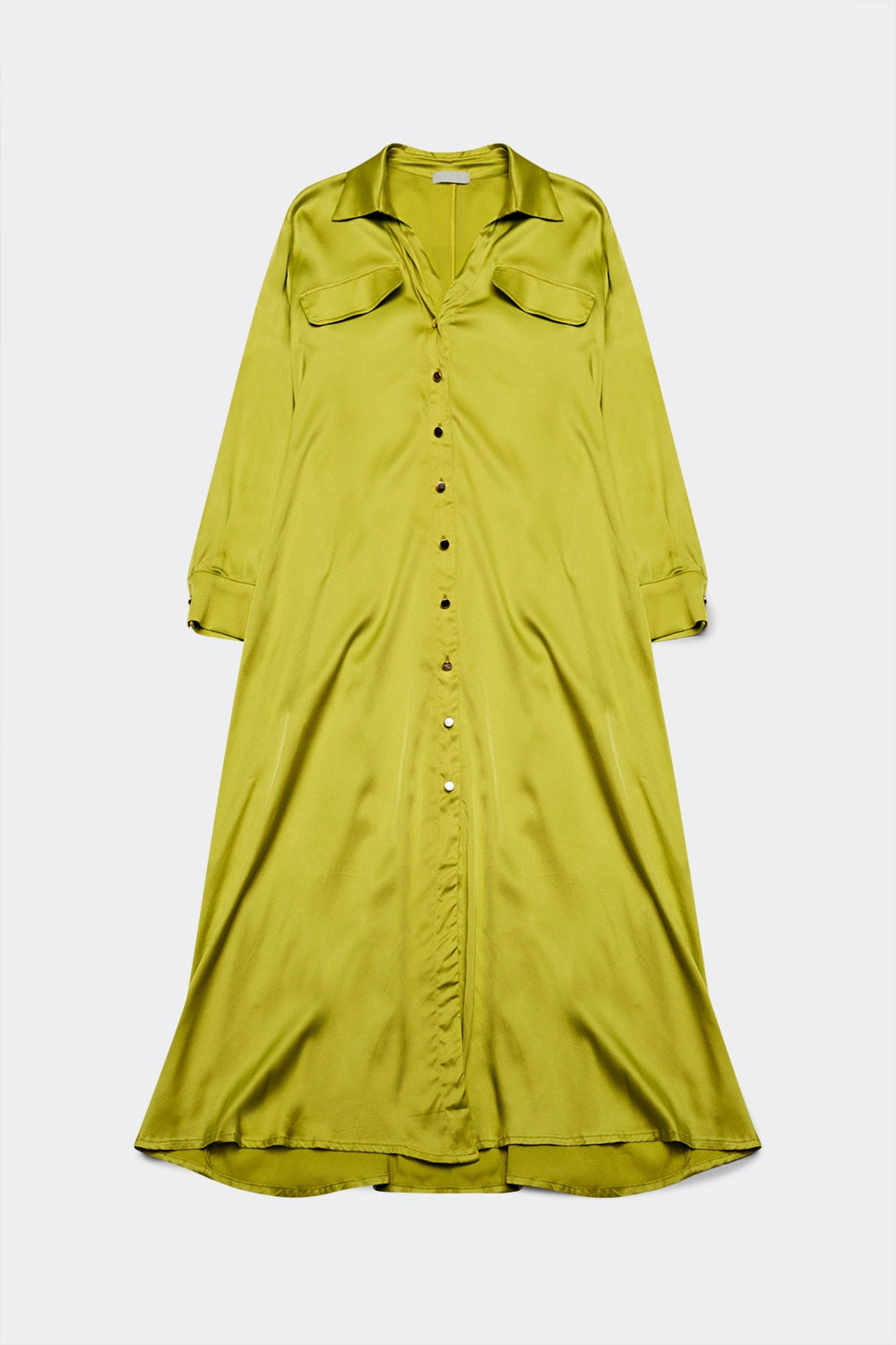 Q2 Robe chemise en satin avec poches vert citron
