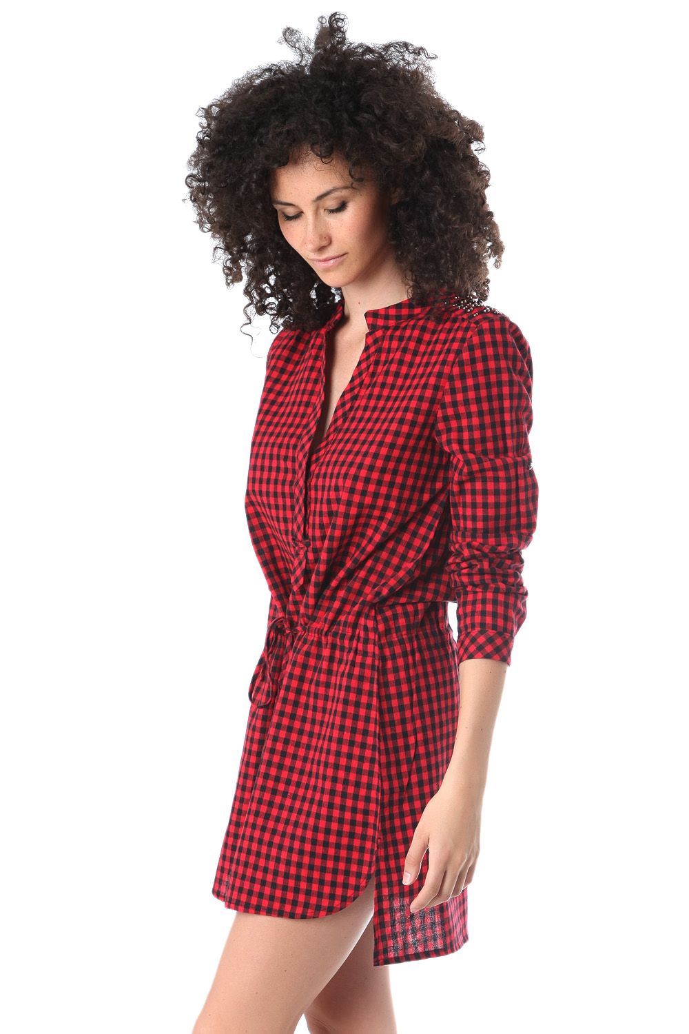 Robe chemise en tissu imprimé à carreaux rouge