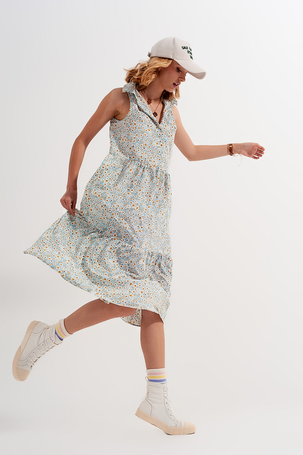 Robe chemise sans manches à fleurs Bleu