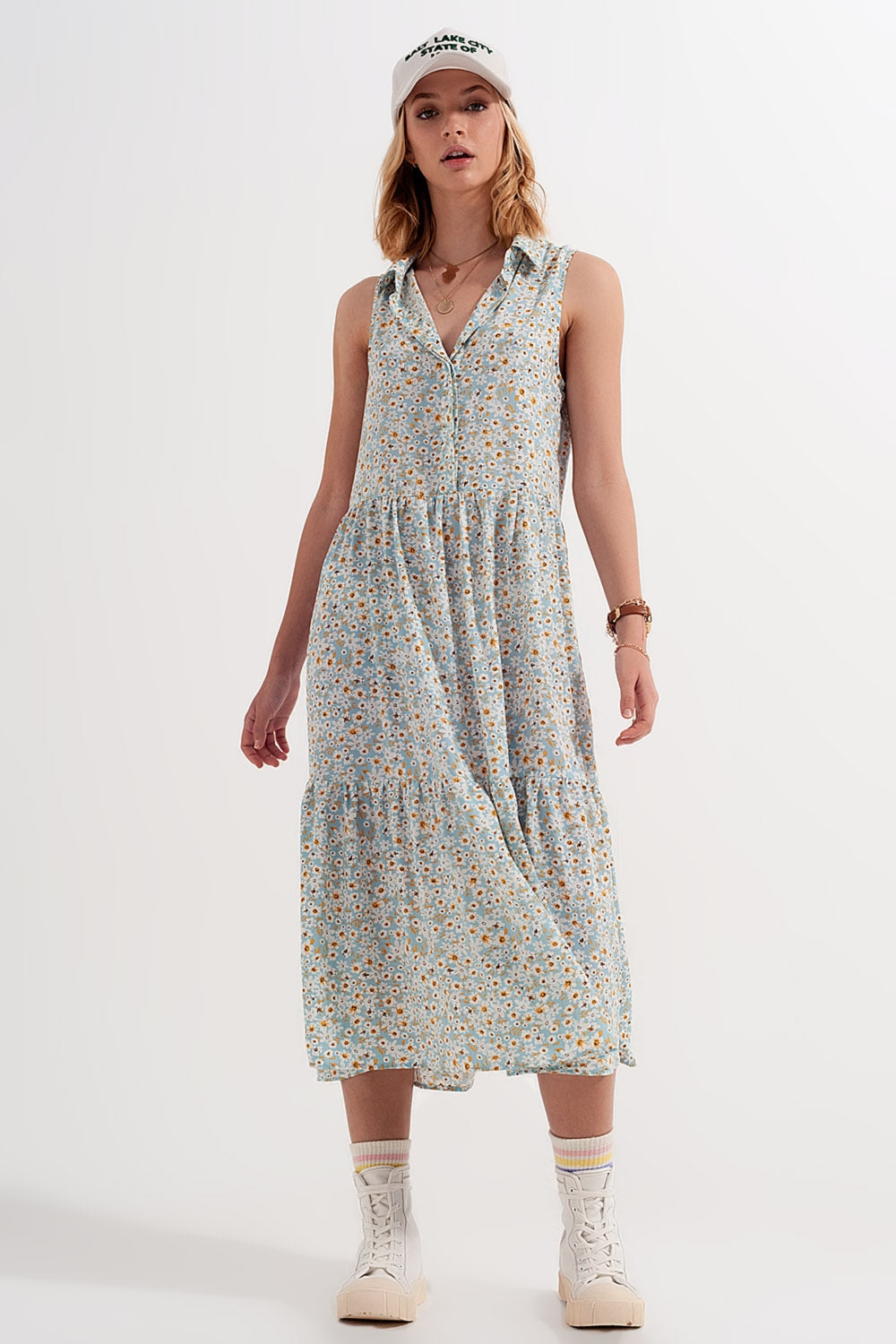 Robe chemise sans manches à fleurs Bleu