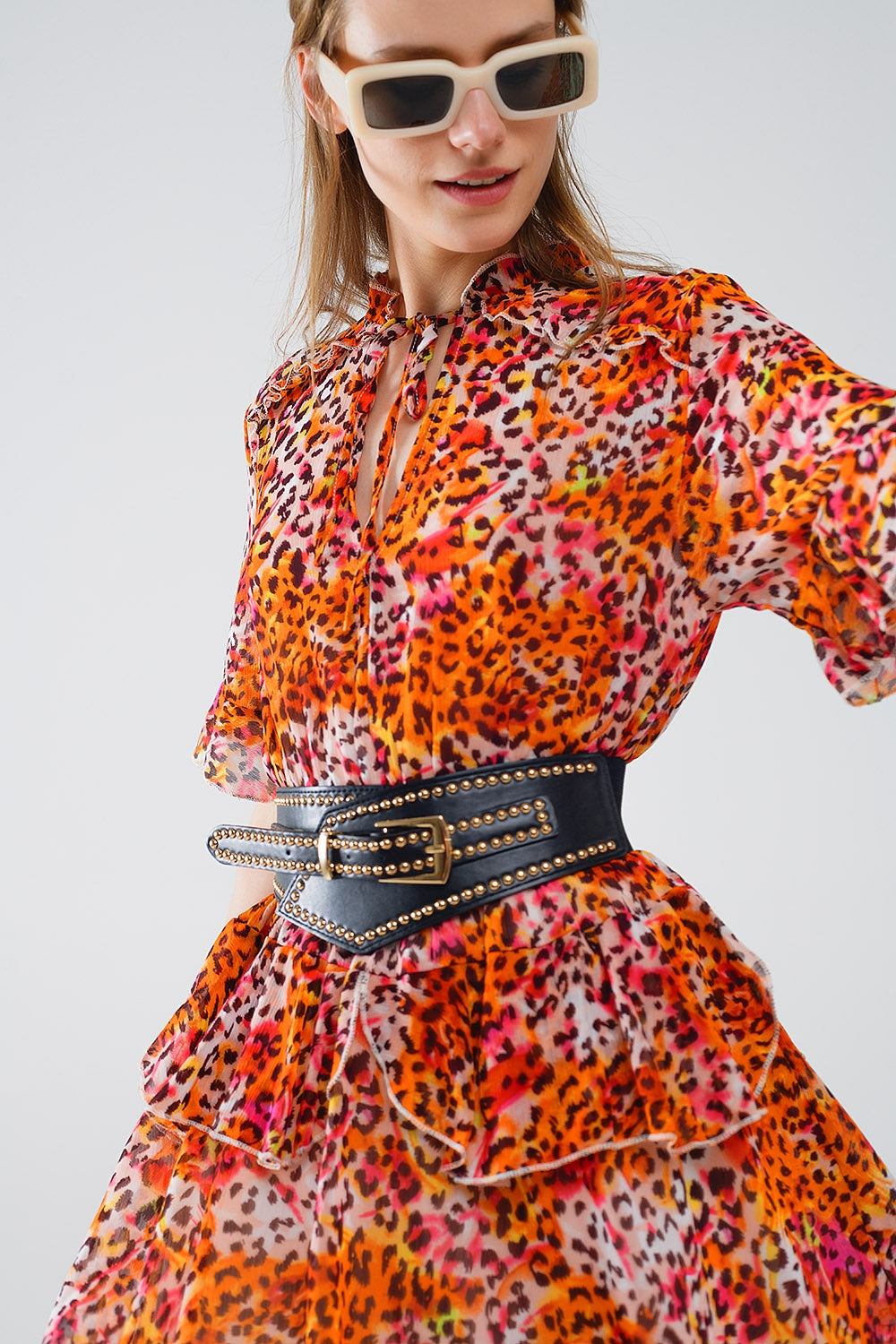 Robe courte à imprimé animalier en orange et blanc
