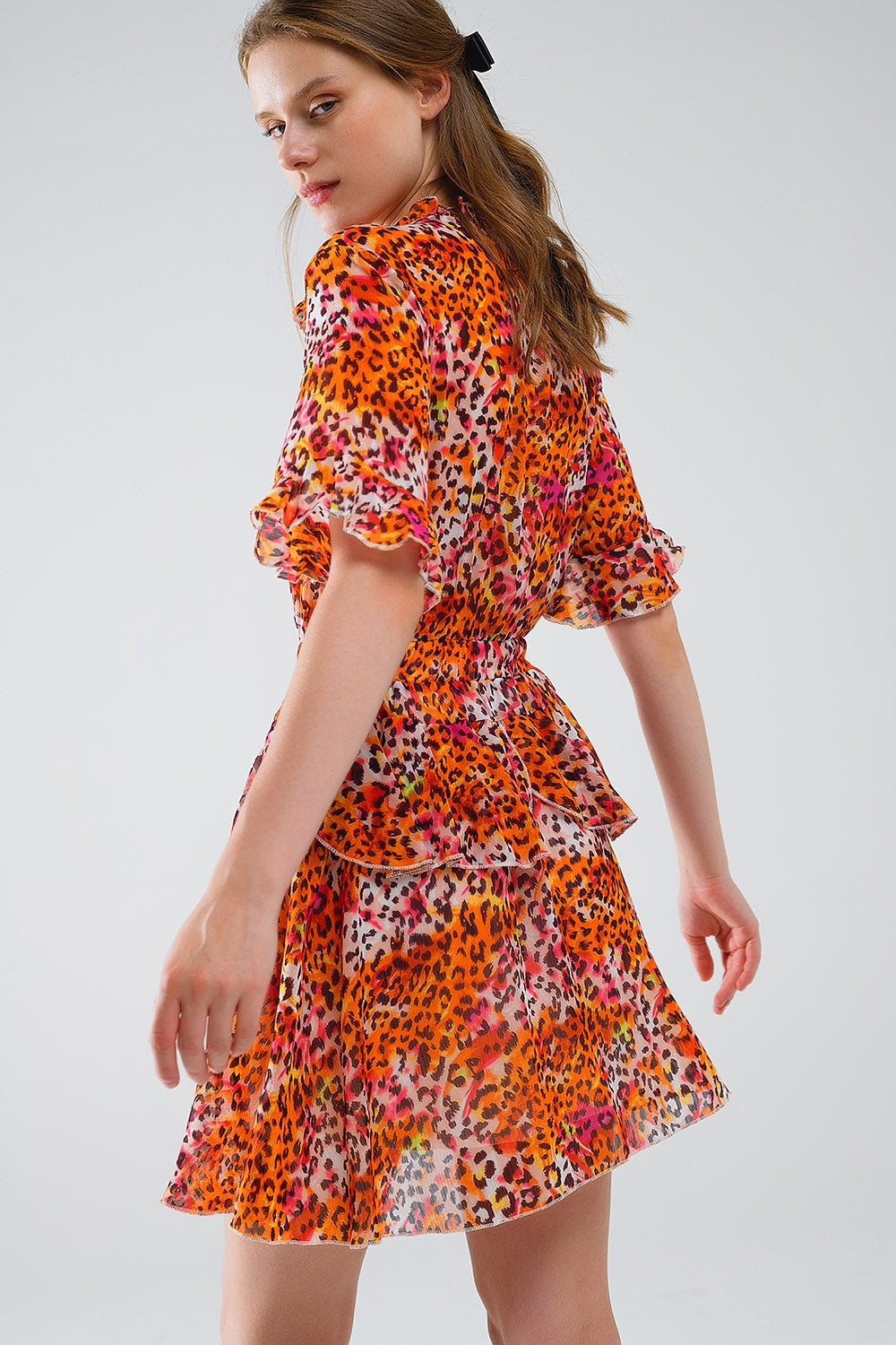 Robe courte à imprimé animalier en orange et blanc