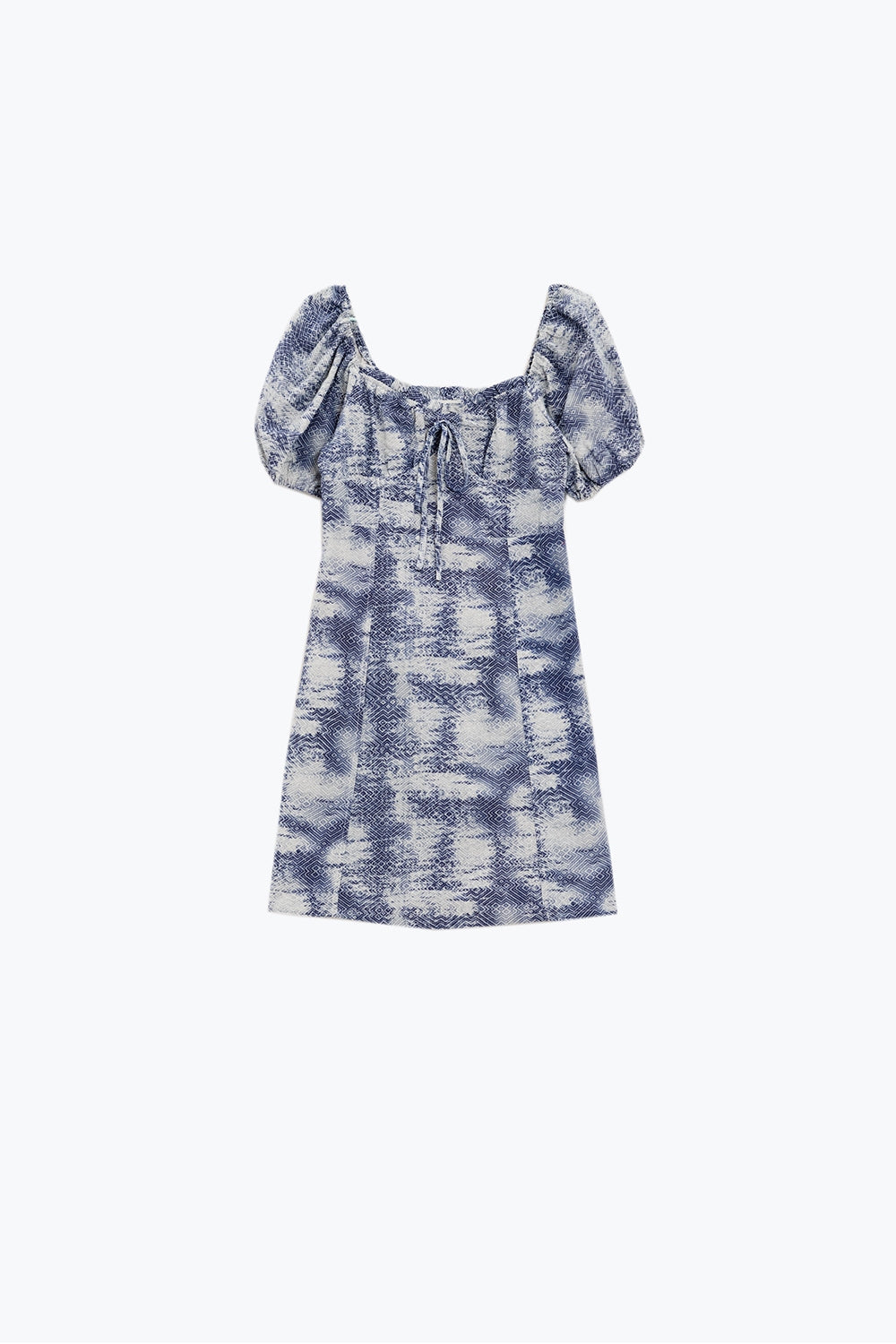 Robe courte à manches bouffantes en imprimé abstrait bleu et blanc