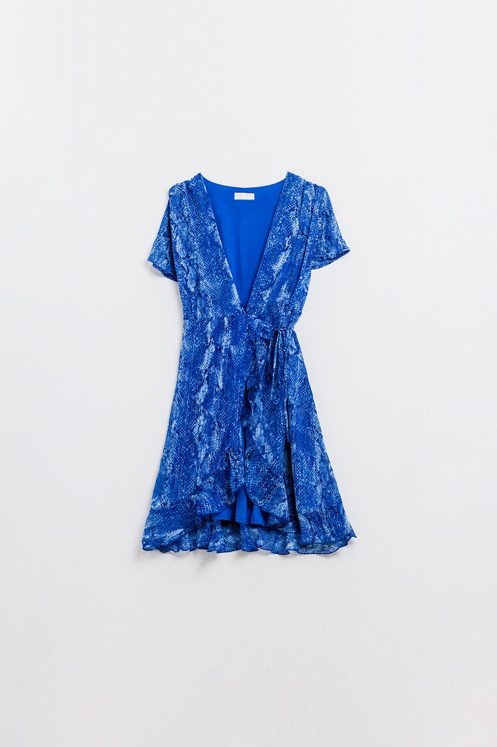 Robe courte enveloppante en imprimé animal bleu et lurex doré