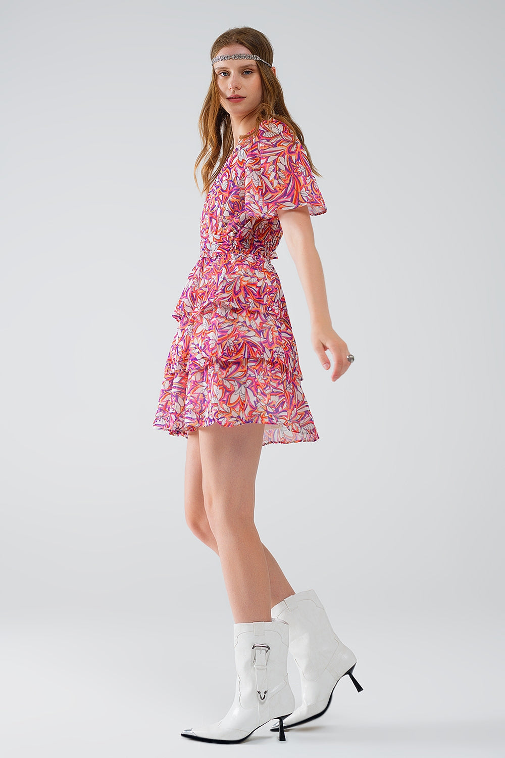 Robe courte multicolore à imprimé floral et à motif froncé