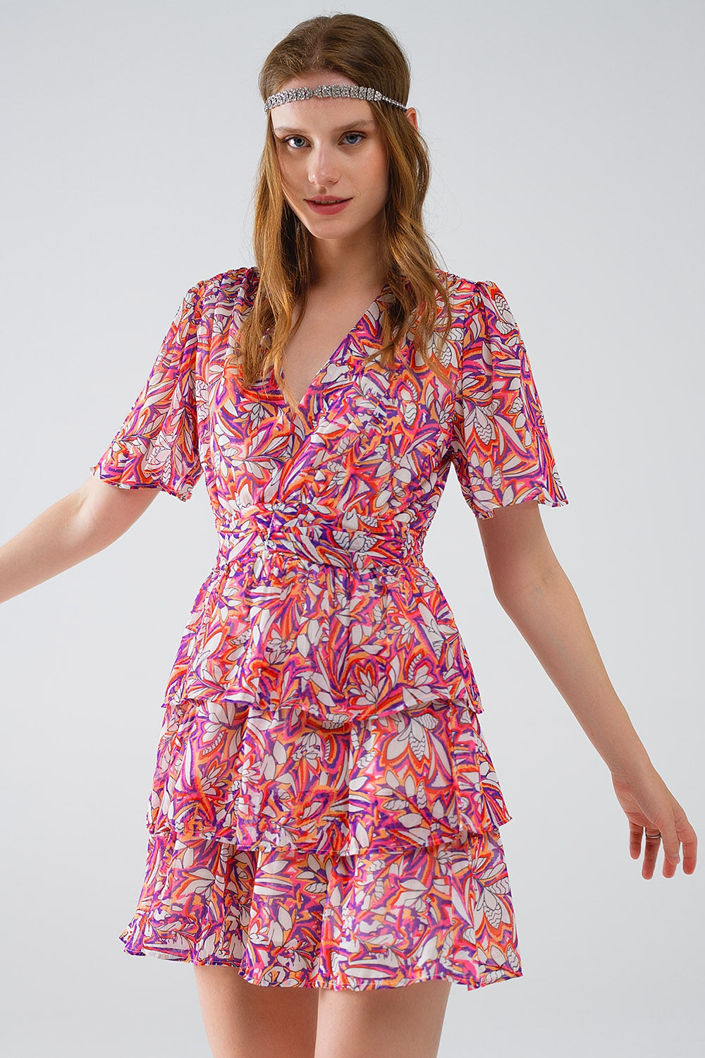 Robe courte multicolore à imprimé floral et à motif froncé