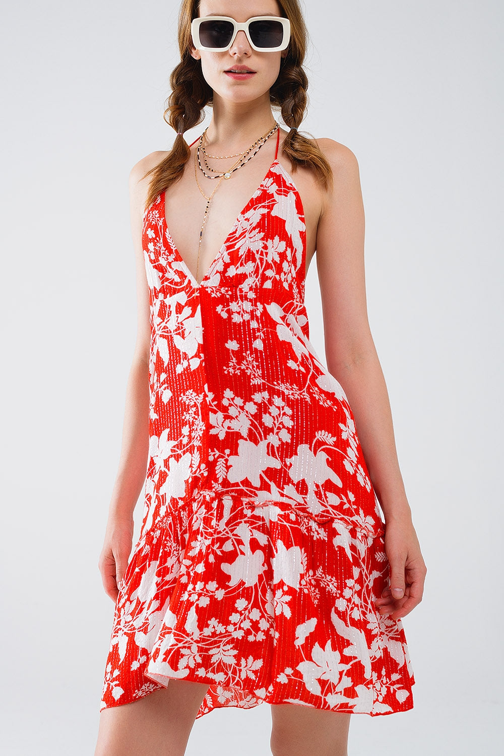 Robe courte rouge à imprimé fleuri Boho avec détails en lurex