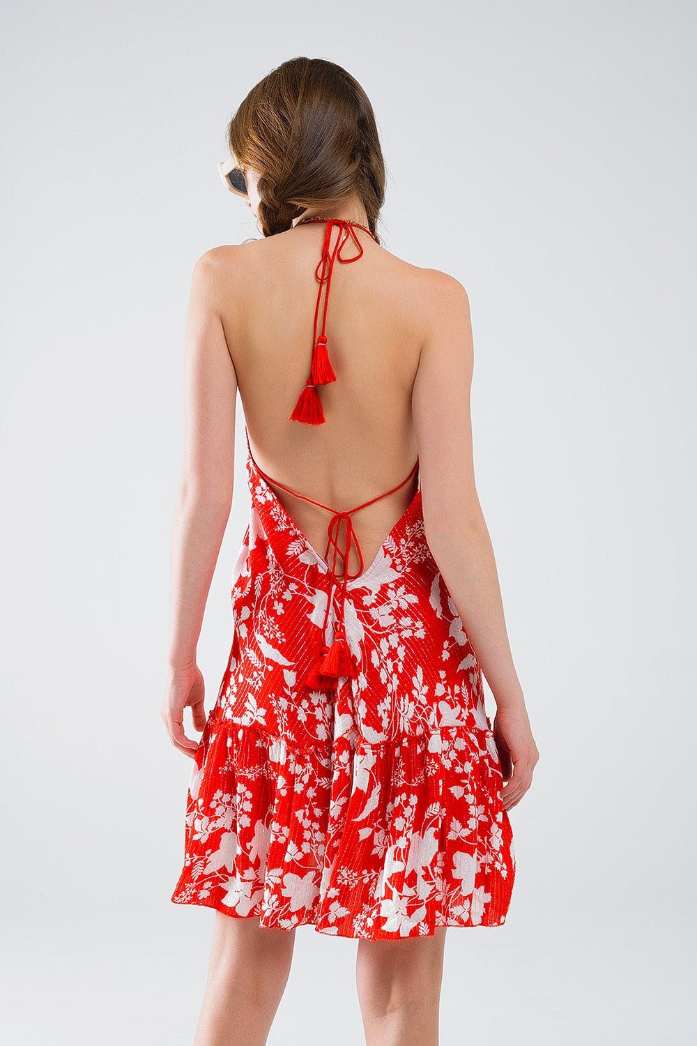 Robe courte rouge à imprimé fleuri Boho avec détails en lurex