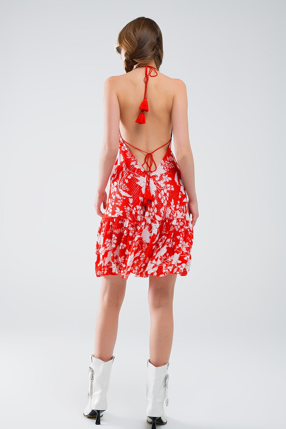 Robe courte rouge à imprimé fleuri Boho avec détails en lurex