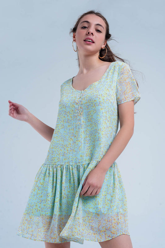 Q2 Robe courte vert à fleurs