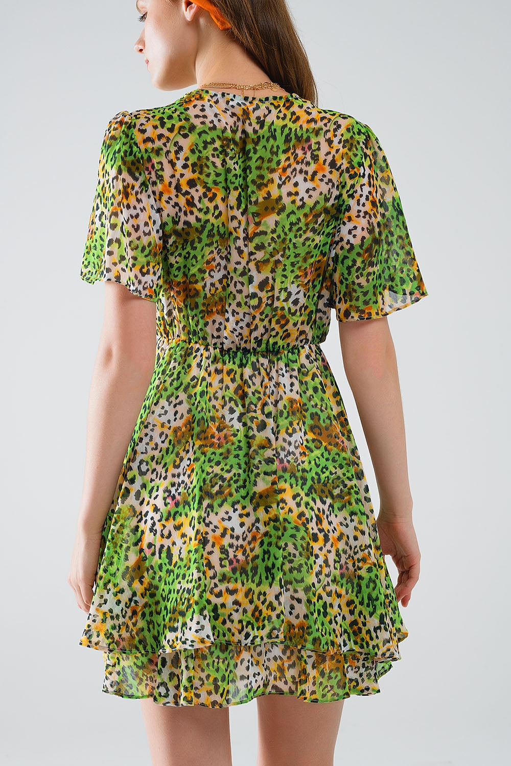 Robe courte verte multicolore avec top croisé à imprimé animalier