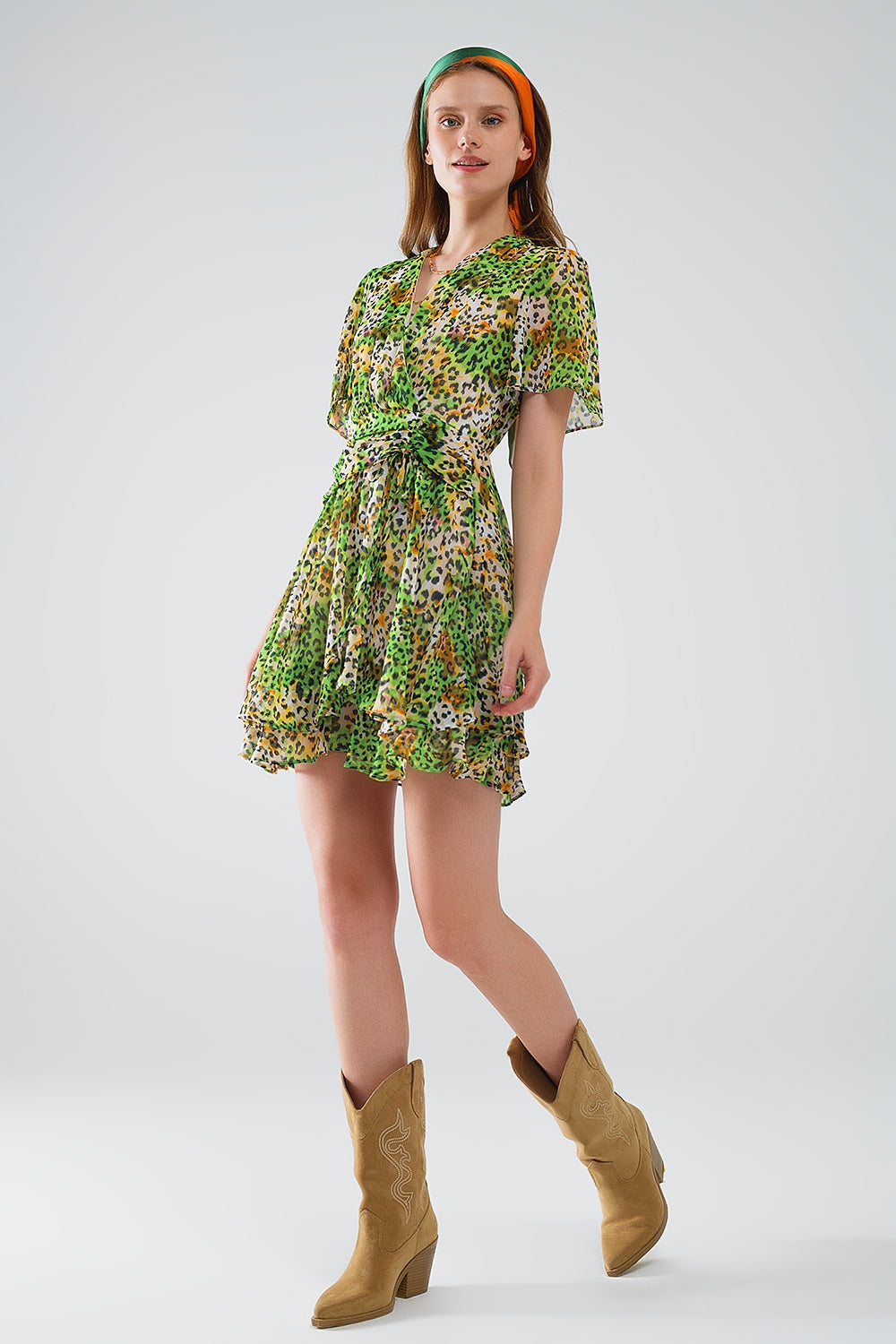Robe courte verte multicolore avec top croisé à imprimé animalier