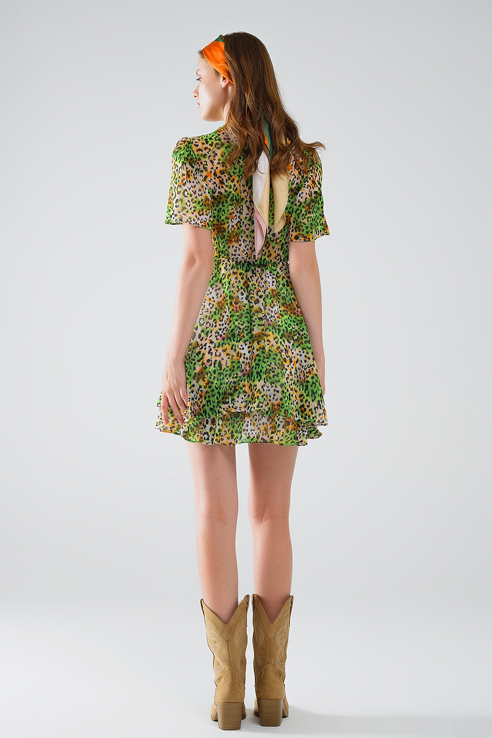 Robe courte verte multicolore avec top croisé à imprimé animalier