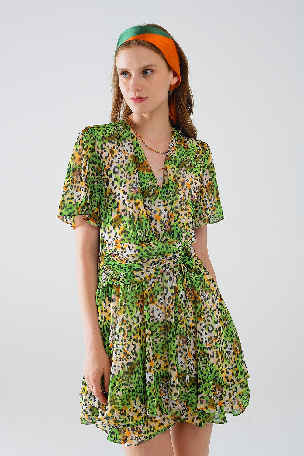 Robe courte verte multicolore avec top croisé à imprimé animalier