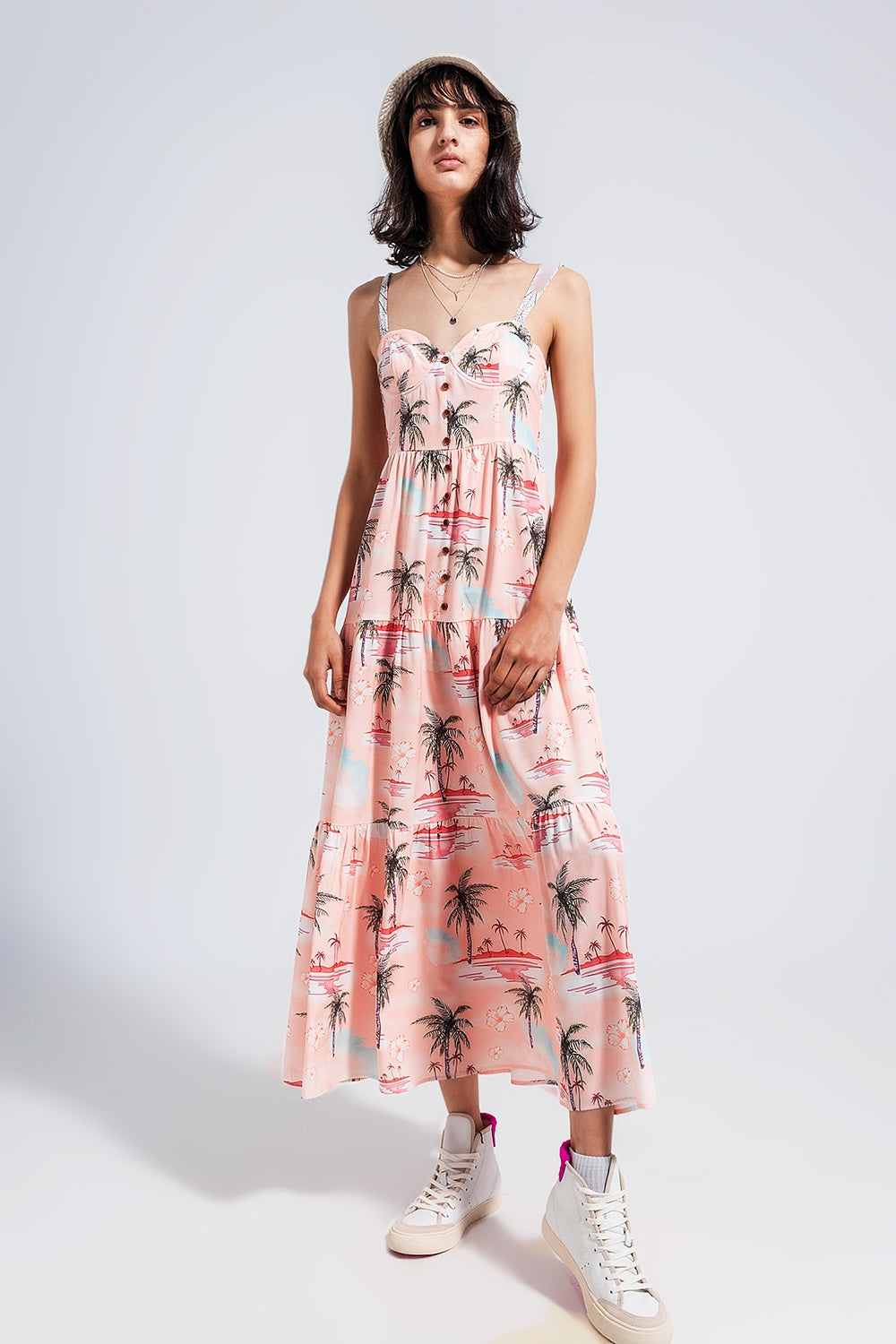 Robe de plage longue à fines bretelles et imprimé tropique