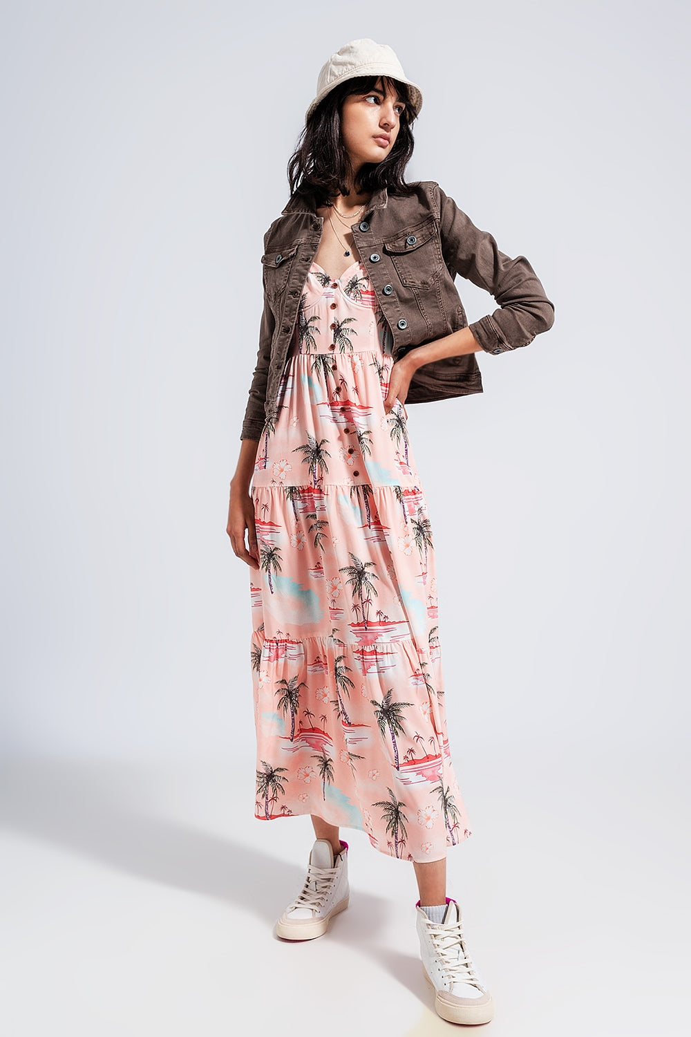 Robe de plage longue à fines bretelles et imprimé tropique