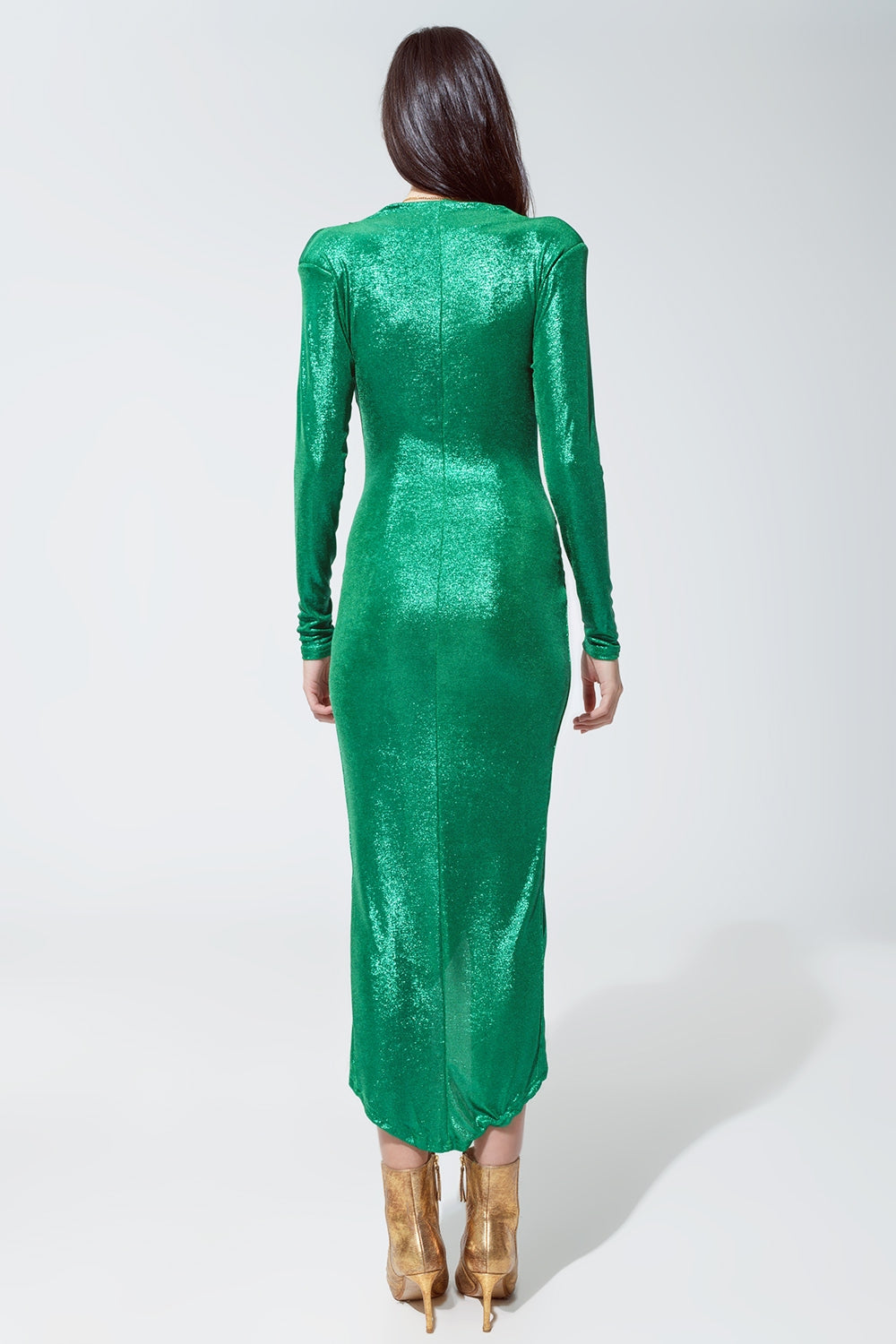 Robe de soirée enveloppée à encolure plongeante en vert métallique
