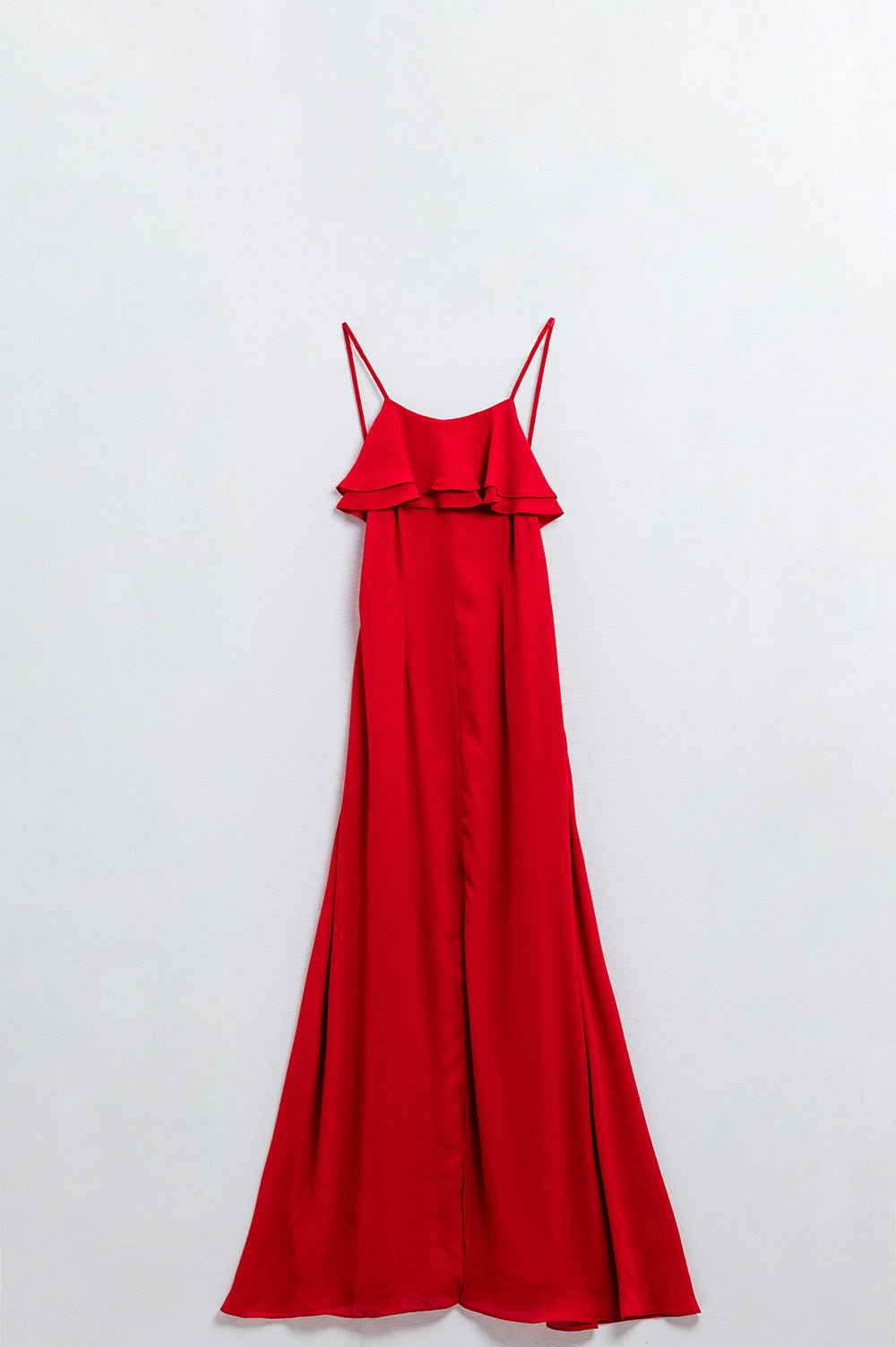 Q2 Robe en mousseline de soie rouge avec bretelles et volants