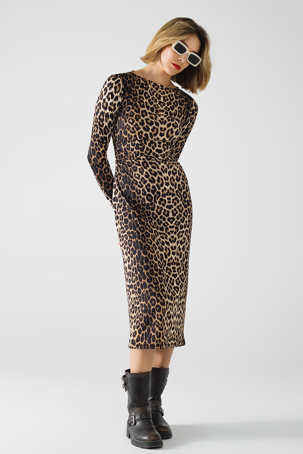 Robe en Spandex imprimé léopard avec plis à la taille