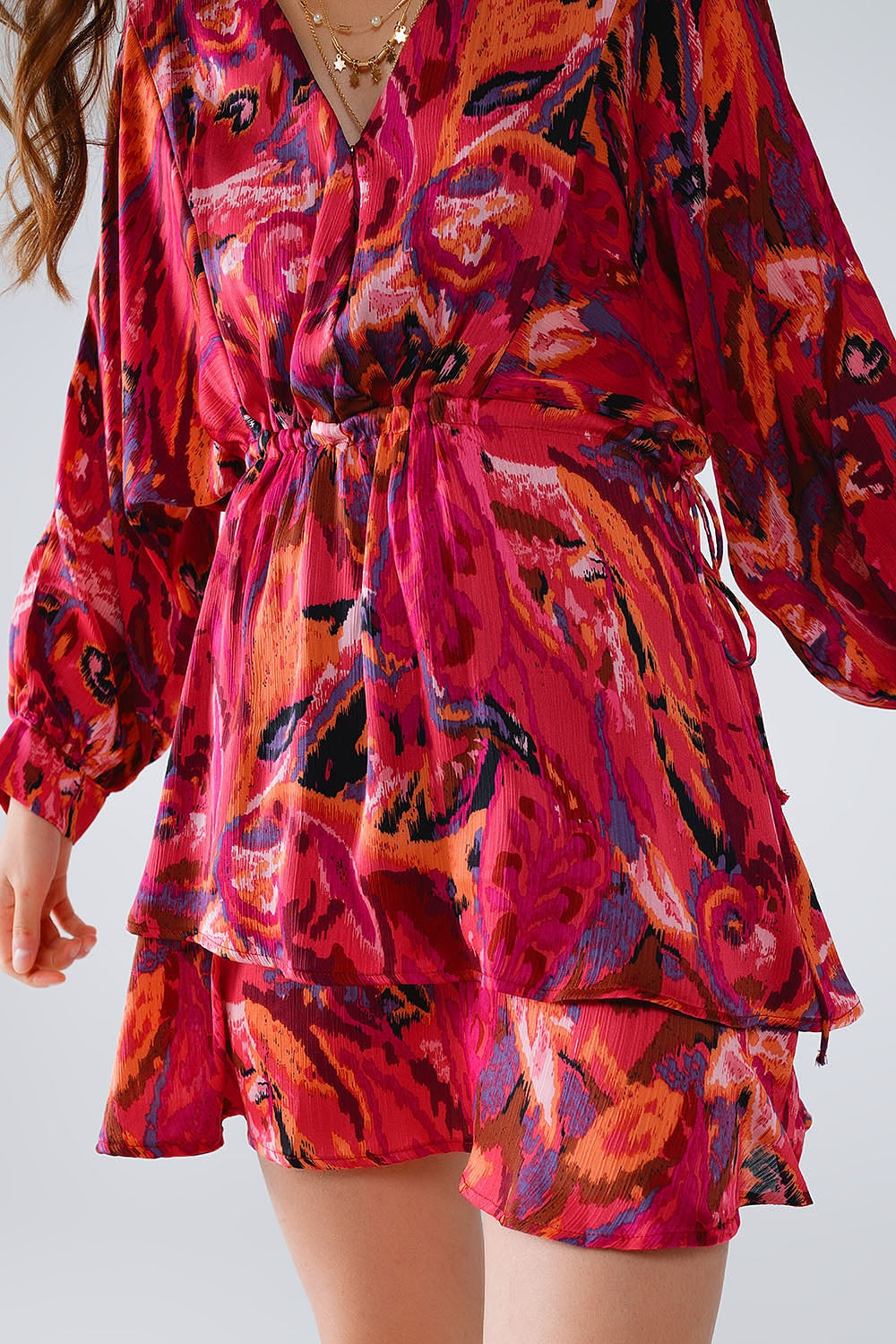 Robe froncée à manches longues en imprimé animalier multicouleure