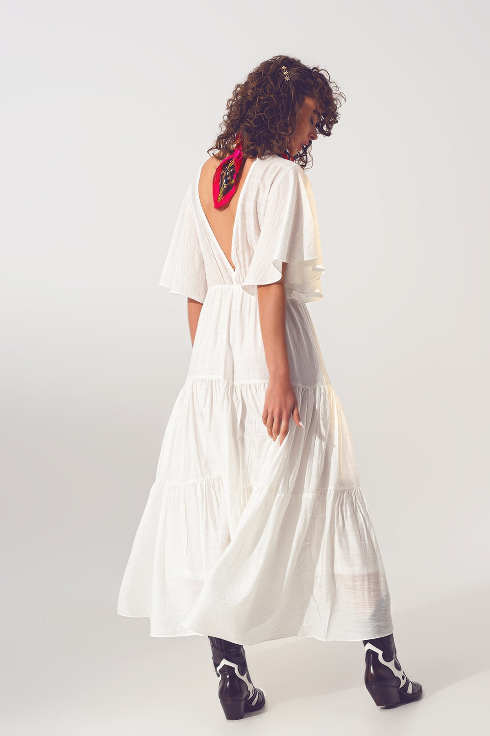 Robe Longue à Col V et Smocks en Blanc