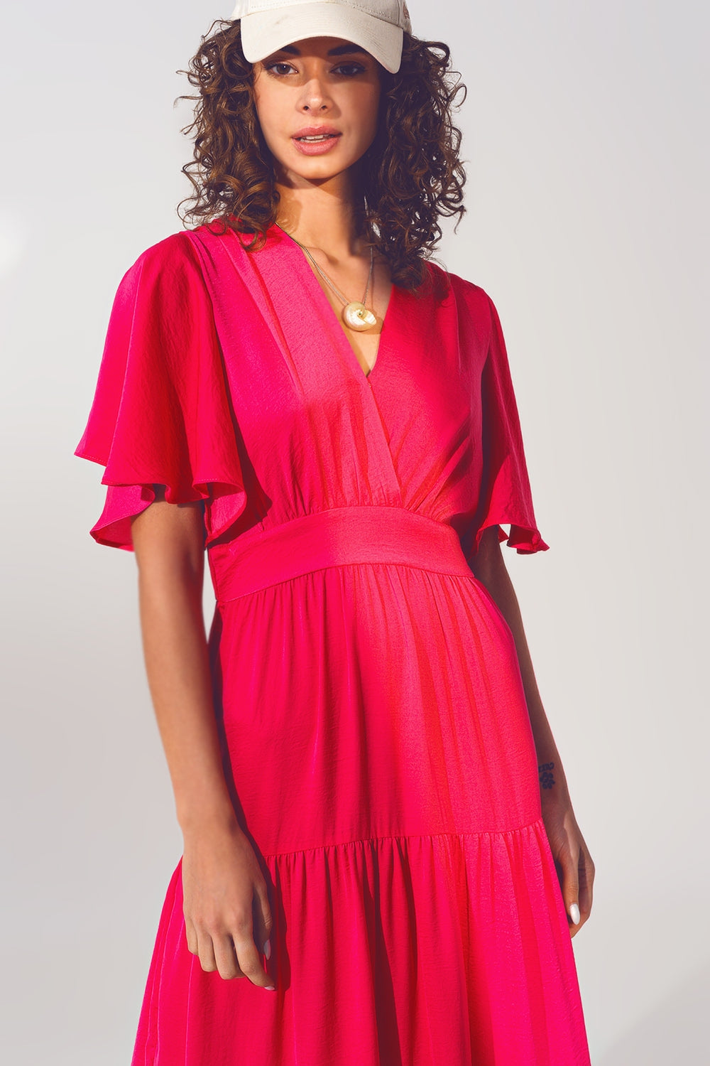 Robe Longue à col V et Smocks en fucsia