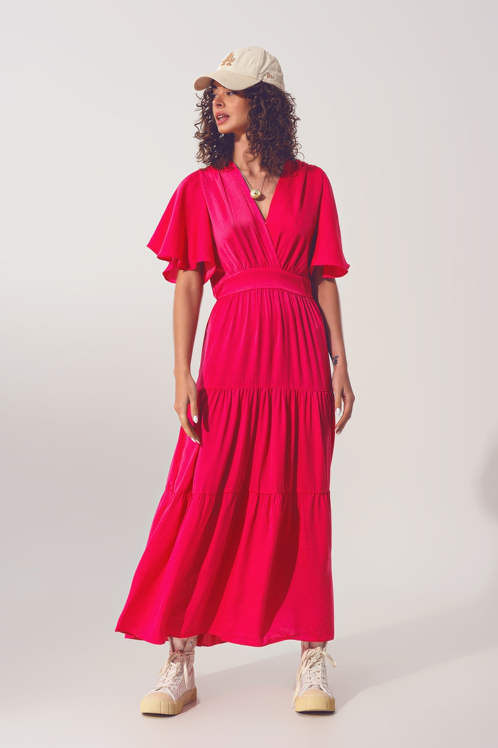 Robe Longue à col V et Smocks en fucsia