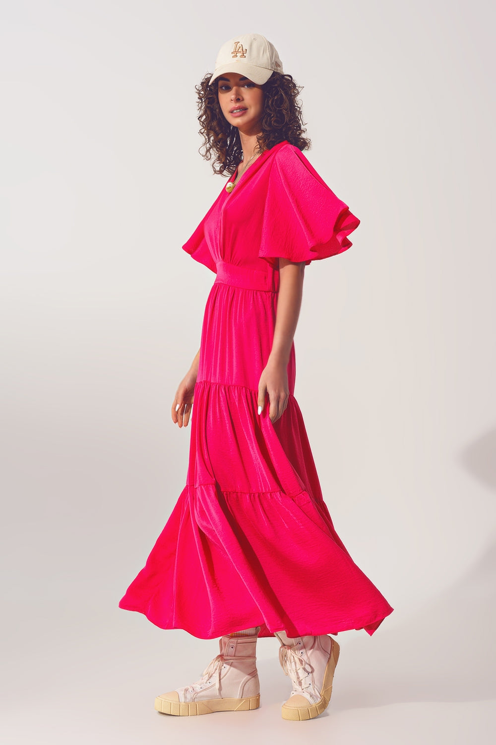 Robe Longue à col V et Smocks en fucsia